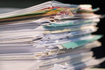 Piled heap high documents folders, Stack business paper on desk messy or paperwork in office. Old Document achieves in print folder doc forms, use recycling for save