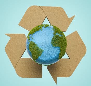 Image of planet earth with vegetation, and wood-look recycling symbol in the background