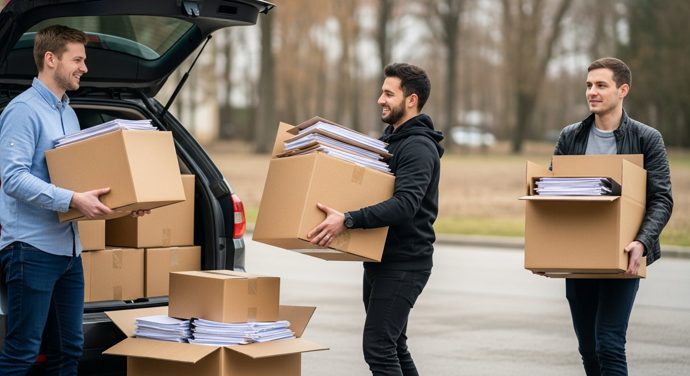 Three people are unloading boxes of documents from the back of a vehicle.