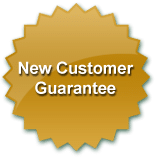 A golden seal with the words New Customer Guarantee